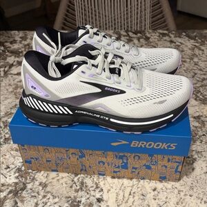 Brooks White and Black Adrenaline GTS with Purple Accents